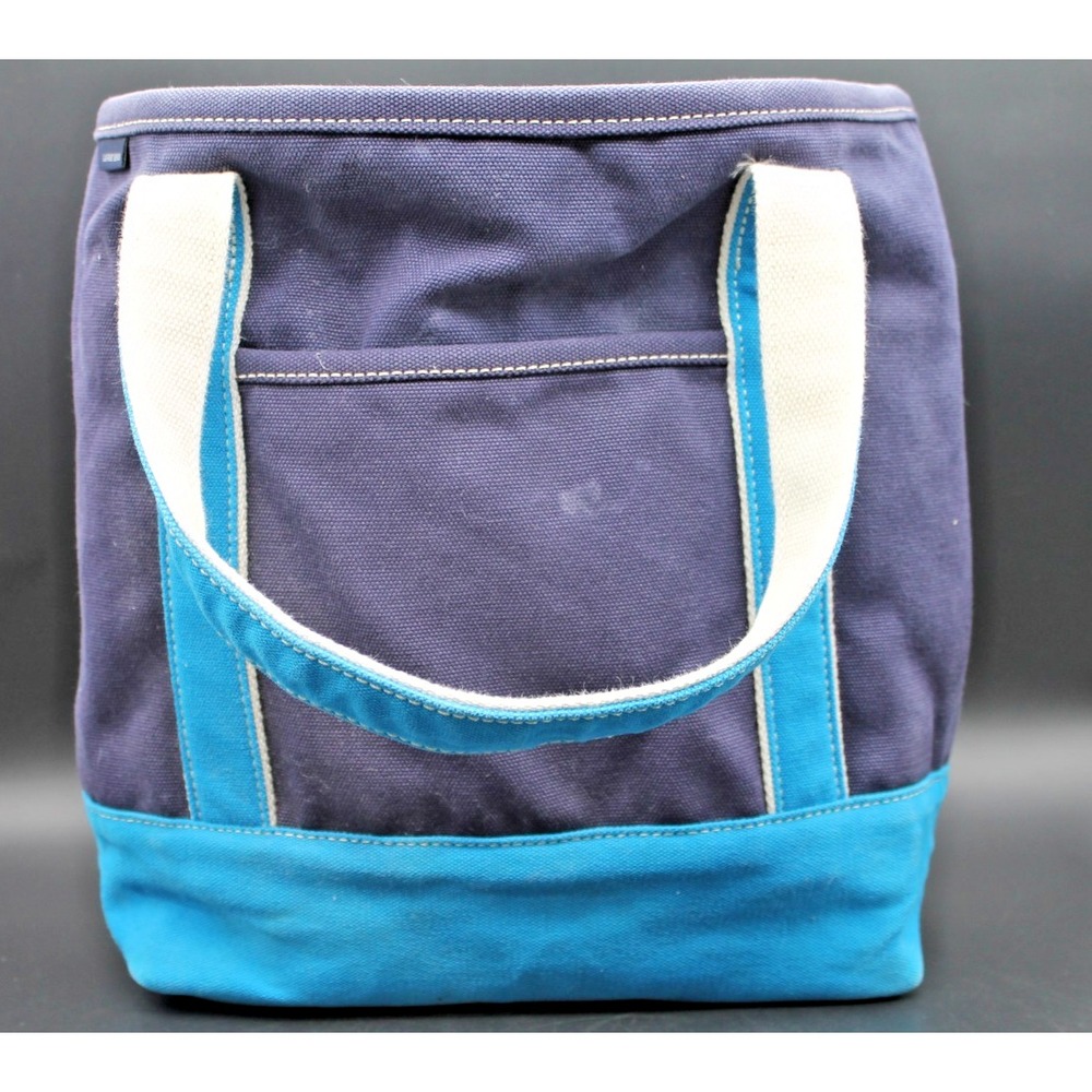 Lands' End Canvas Tote Bag Navy Blue Teal Cotton Carryall Vintage Style 33x38